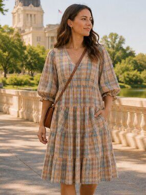Drew Plaid Slub Cotton Dress Small Puff Sleeve Late Summer Farmers Market size S